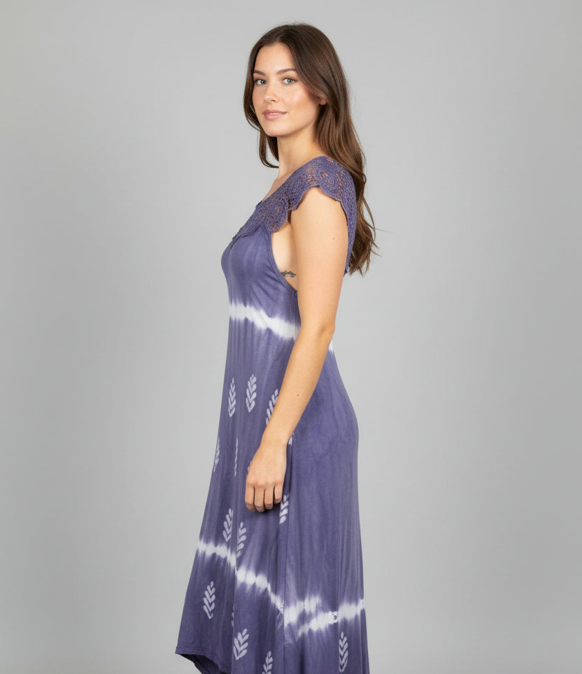 India Boutique Grey Tie Dye Dress with Leaf Design and Lace Collar/Arms and Back One Size