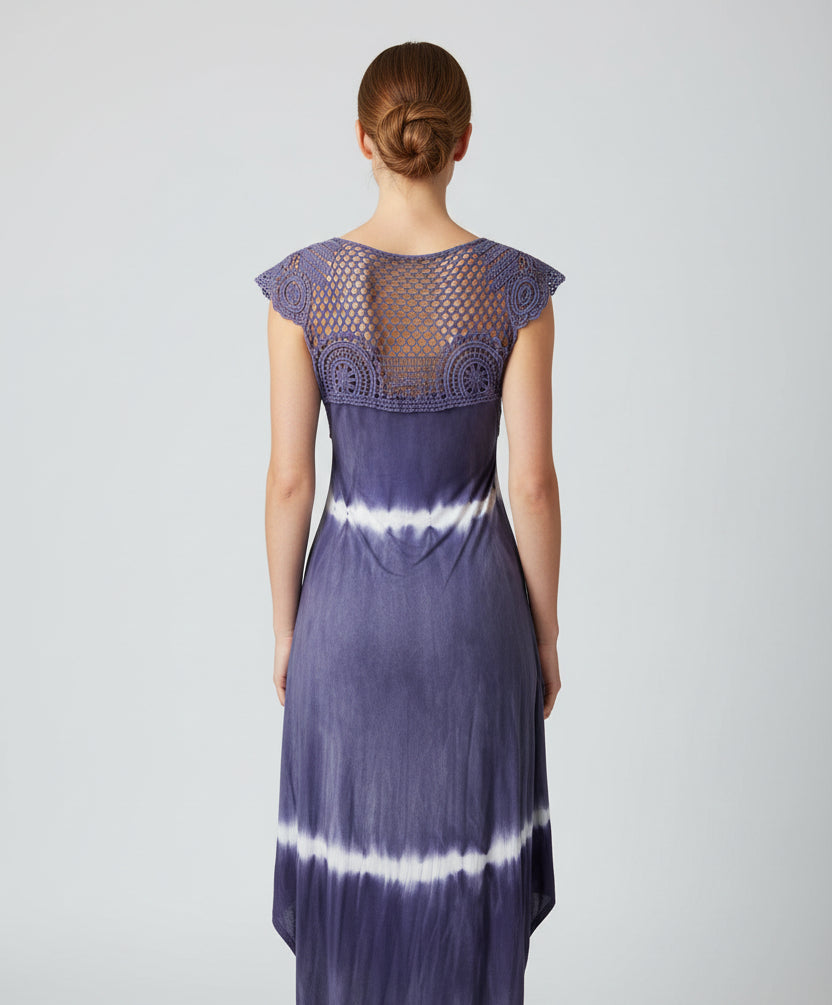 India Boutique Grey Tie Dye Dress with Leaf Design and Lace Collar/Arms and Back One Size