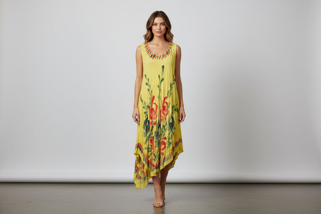 India Boutique Yellow Dress with Flowers One Size fits Up to 2X