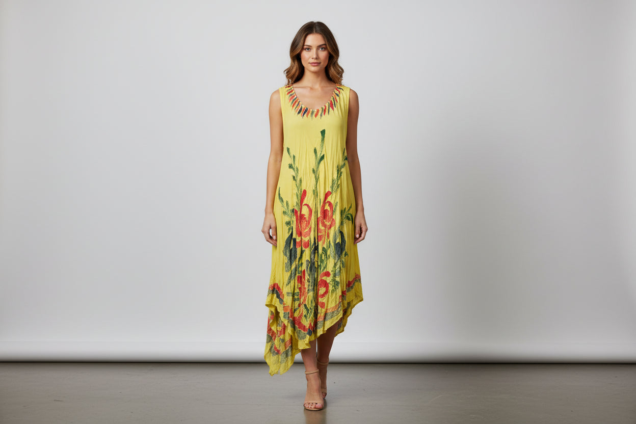 India Boutique Yellow Dress with Flowers One Size fits Up to 2X