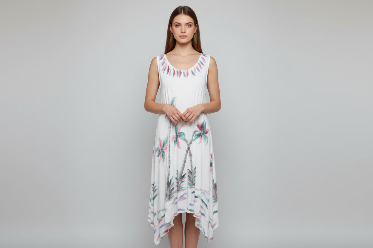 India Boutique White Dress with Pastel Colored Palm Trees. One Size Fits up to 2X