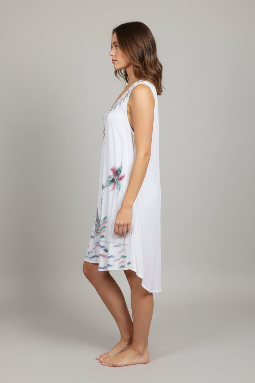 India Boutique White Dress with Pastel Colored Palm Trees. One Size Fits up to 2X