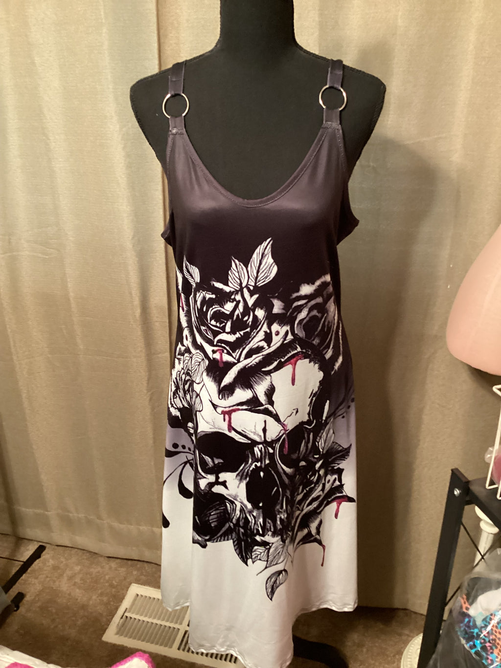 Black and White Dress With Large Flower on Front with Silver Rings on Straps One Size