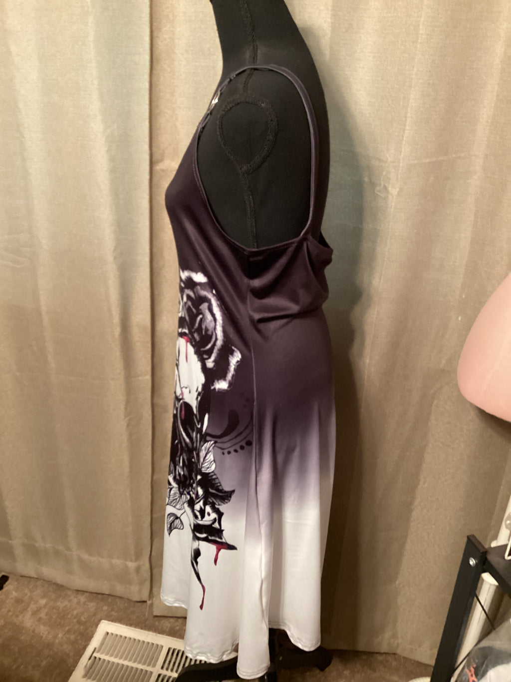 Black and White Dress With Large Flower on Front with Silver Rings on Straps One Size