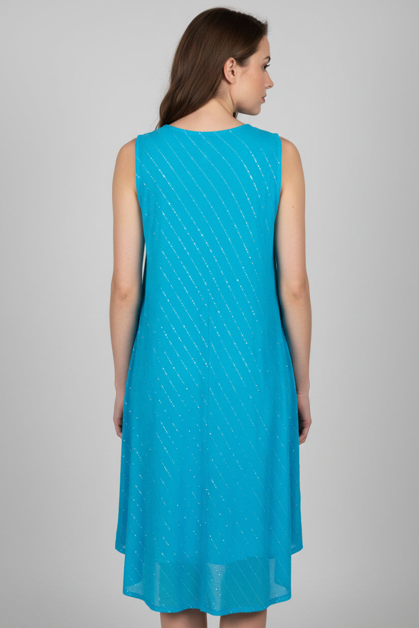 Blue Dress with Shimmery Strips and Leaves One Size