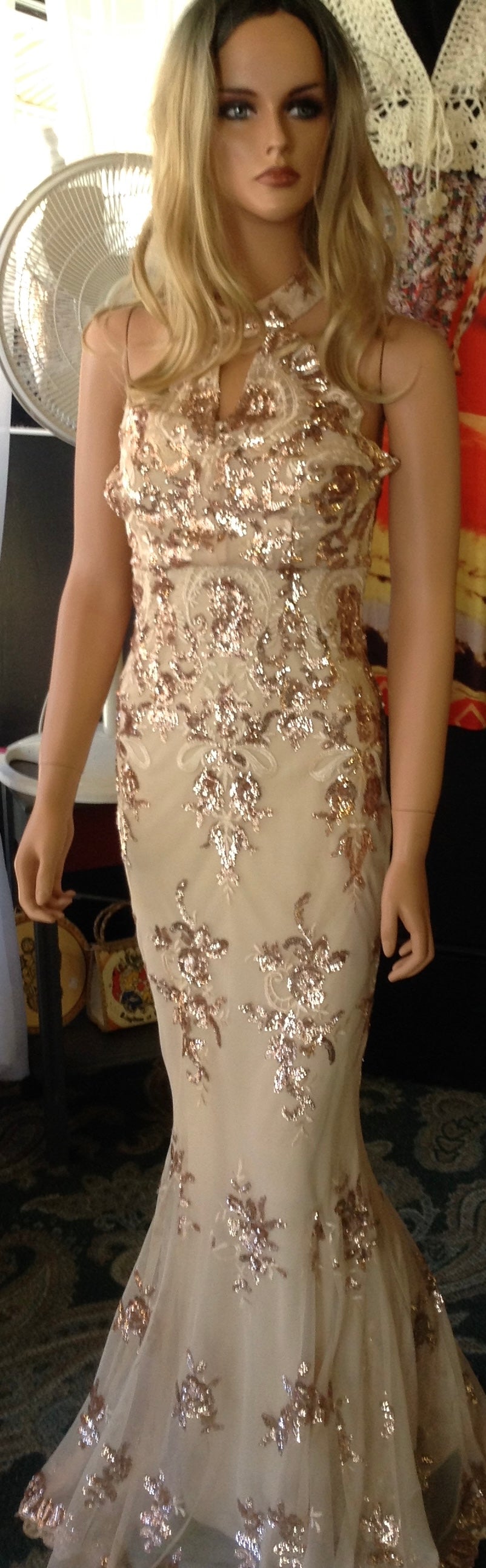 Beige formal with bling and mermaid bottom. Size 8