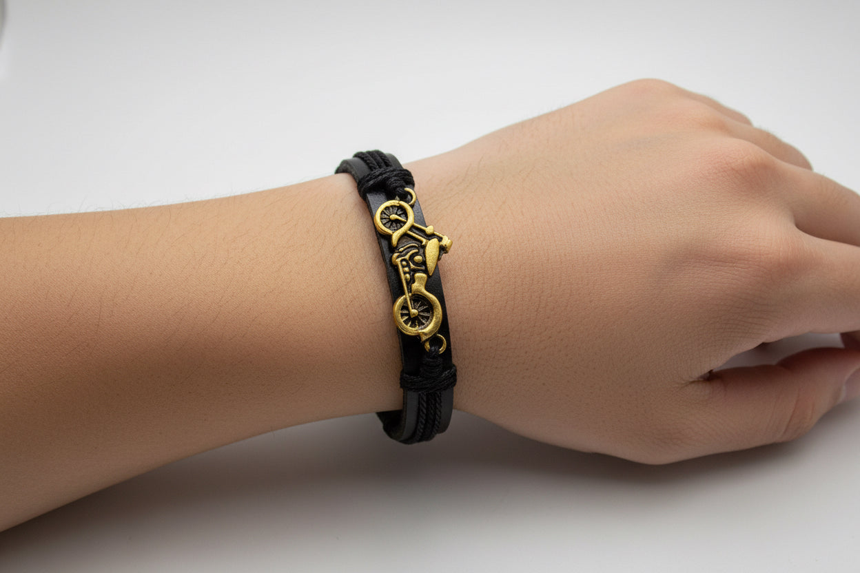 Leather Bracelet with Gold Motorcycle