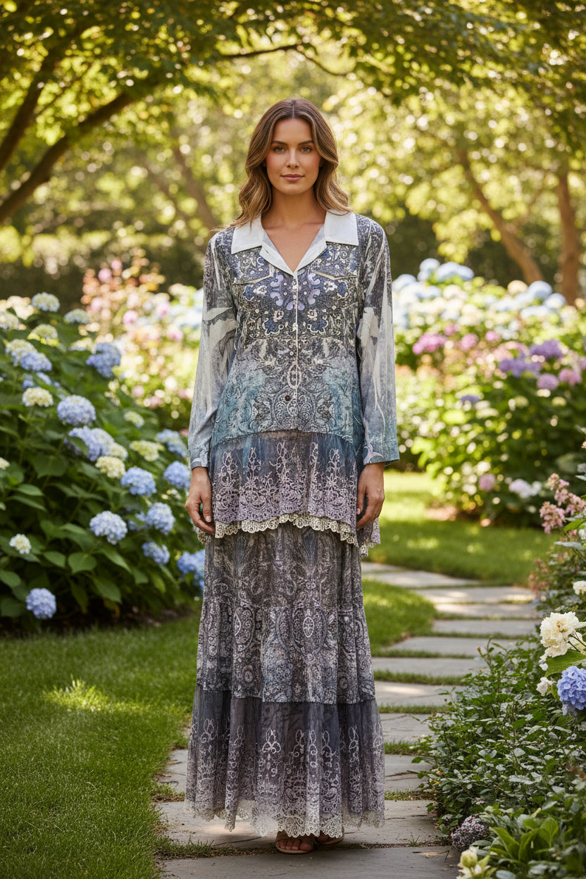 Origami Blue Geometric Hi-Lo Blouse with Lace Hemline