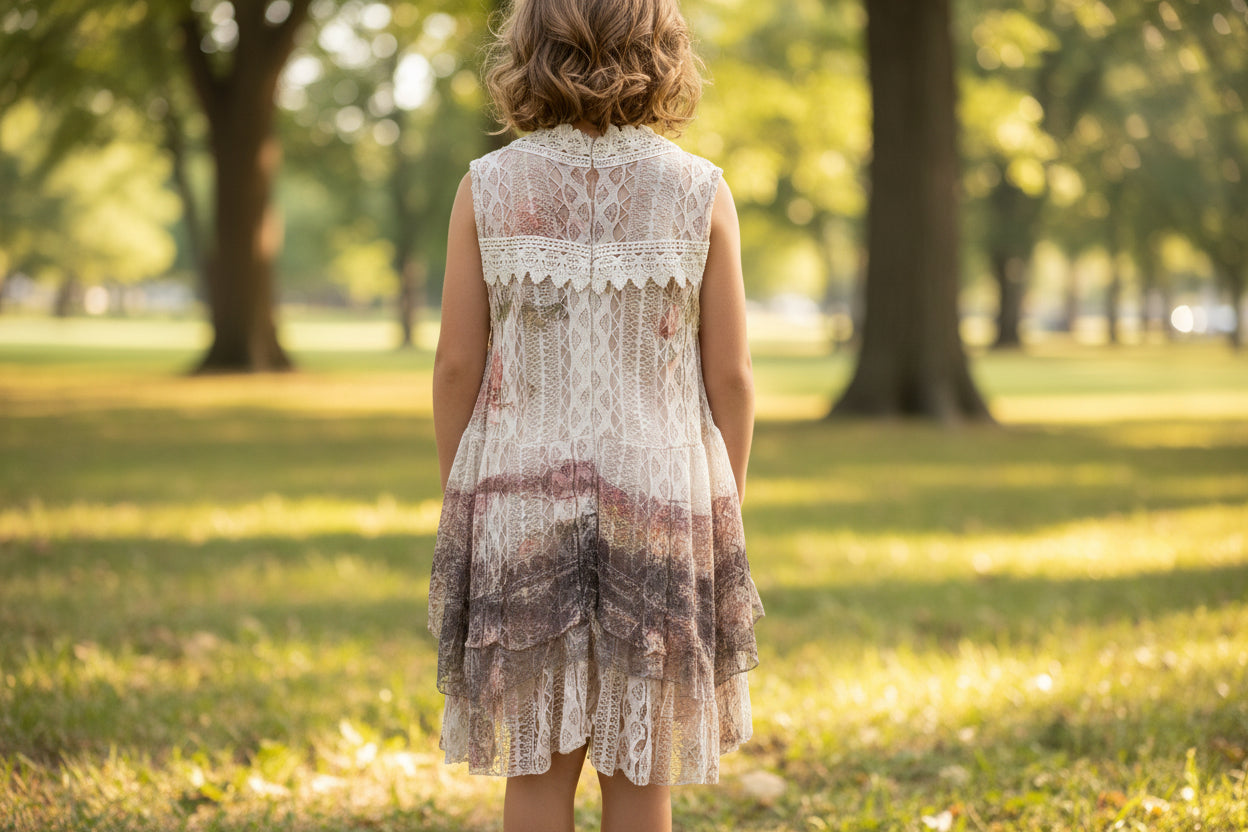 Origami Little Girls Multicolored Sleeveless Cardigan with Lace Trim. Size S/M