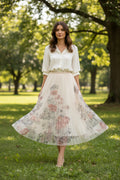 Origami Long Floral Pleated Skirt Fits Waist 24-32inches