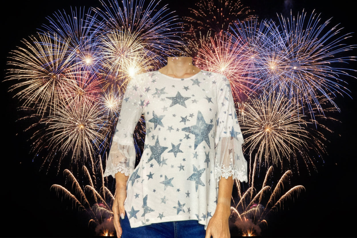 Origami White Blouse with blue Star 3/4 Sleeves with Lace