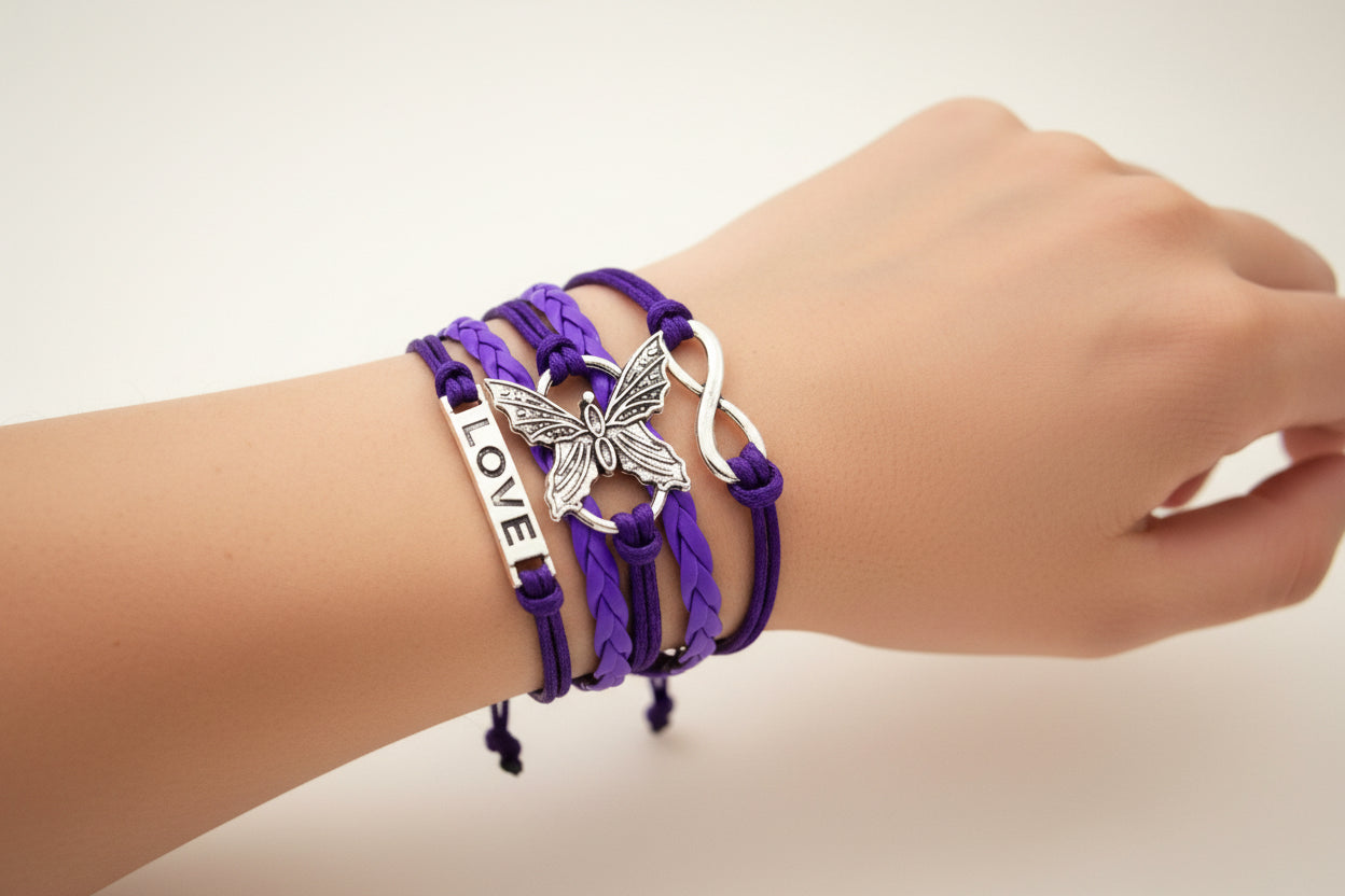 Purple bracelet with love & butterfly