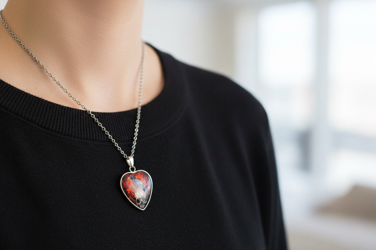 Red & Black Skull & Raven Necklace
