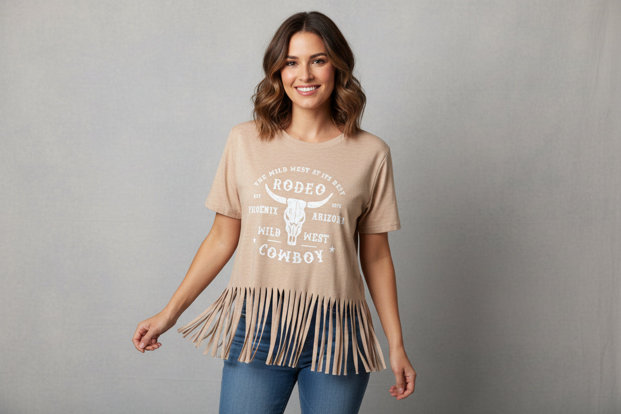 Tan Rode Cowgirl Tee Shirt with Fringe bottom Size Medium