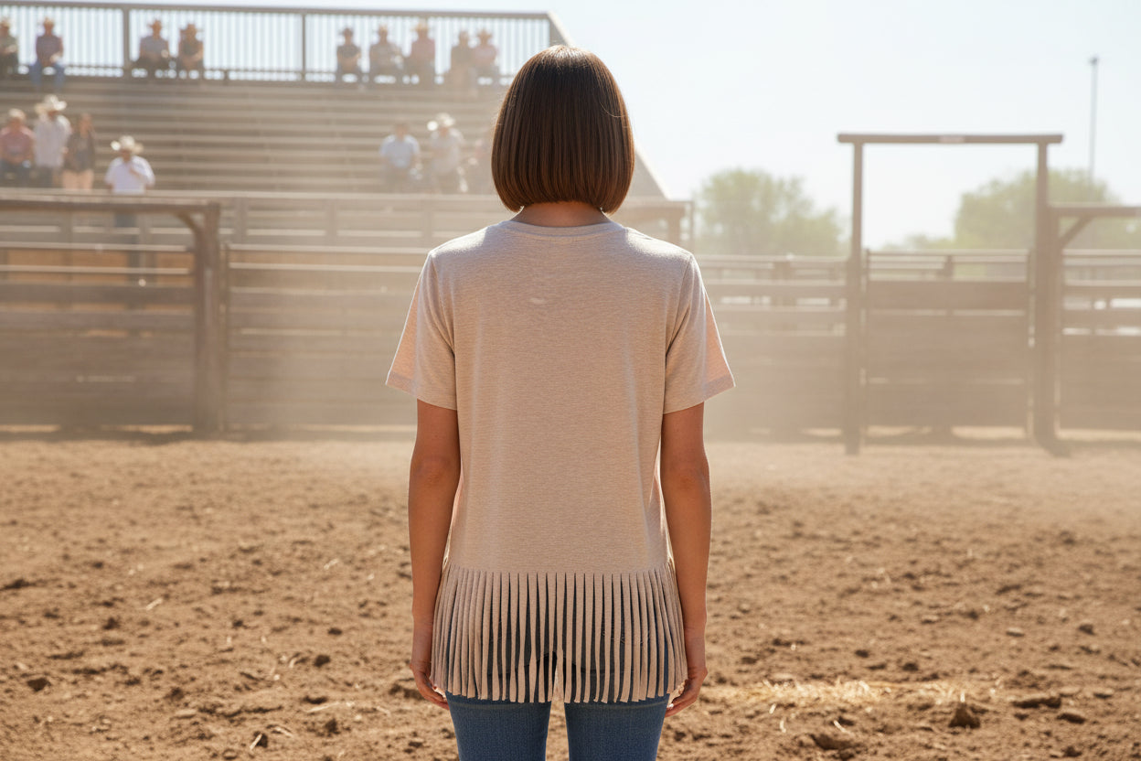 Tan Rode Cowgirl Tee Shirt with Fringe bottom Size Medium