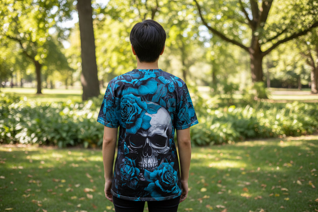 Gothic Teal Skull Short Sleeve Top. Size Large
