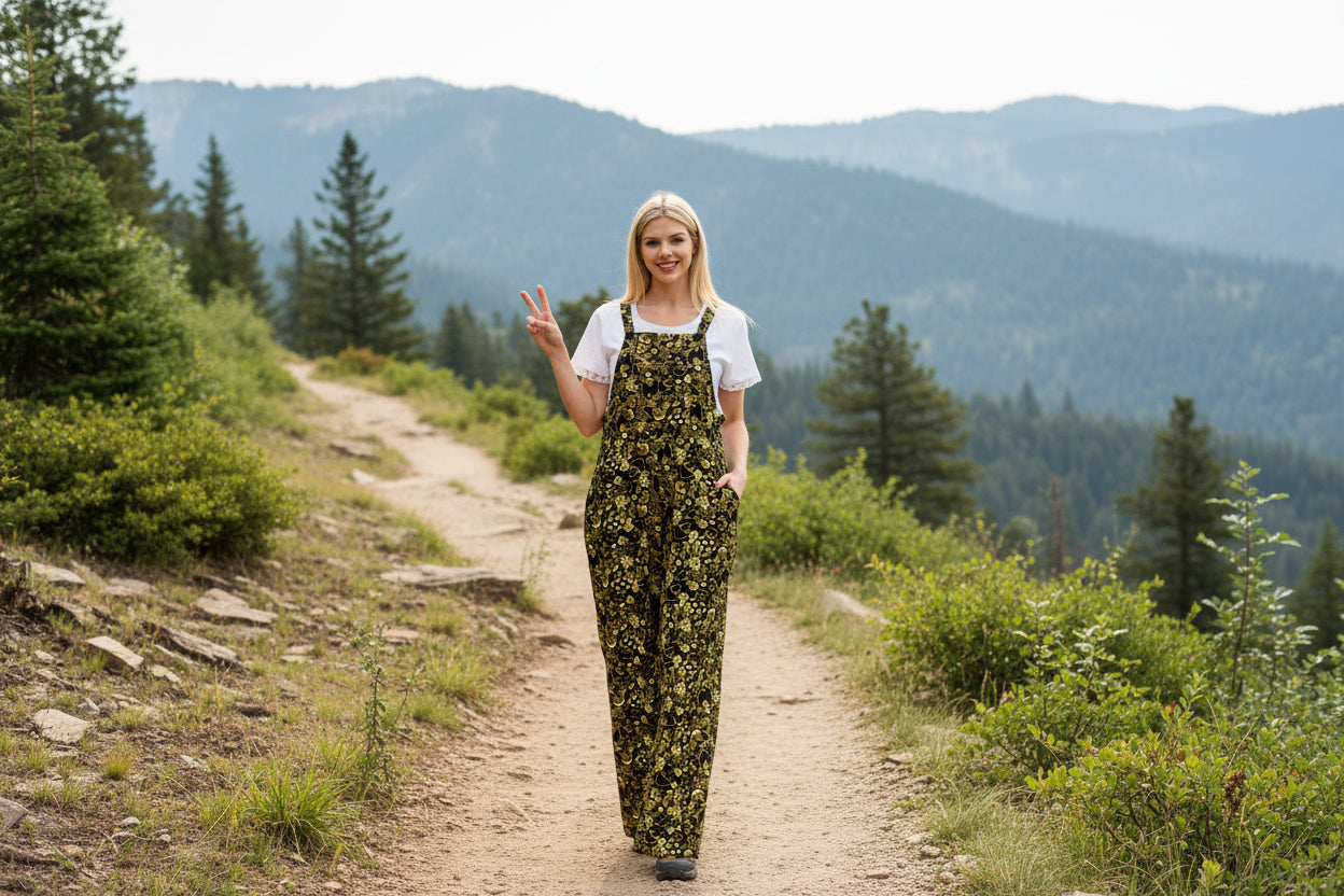 Yak & Yeti Jumpsuit Black with Gold Mushrooms.Size-Medium