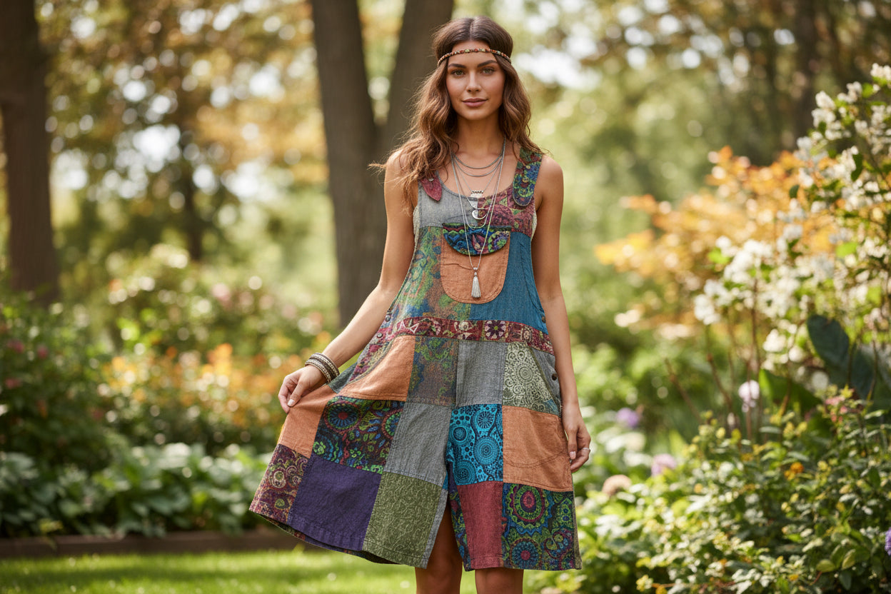 Yak & Yeti Patchwork Romper with Mushrooms Sizes S,M