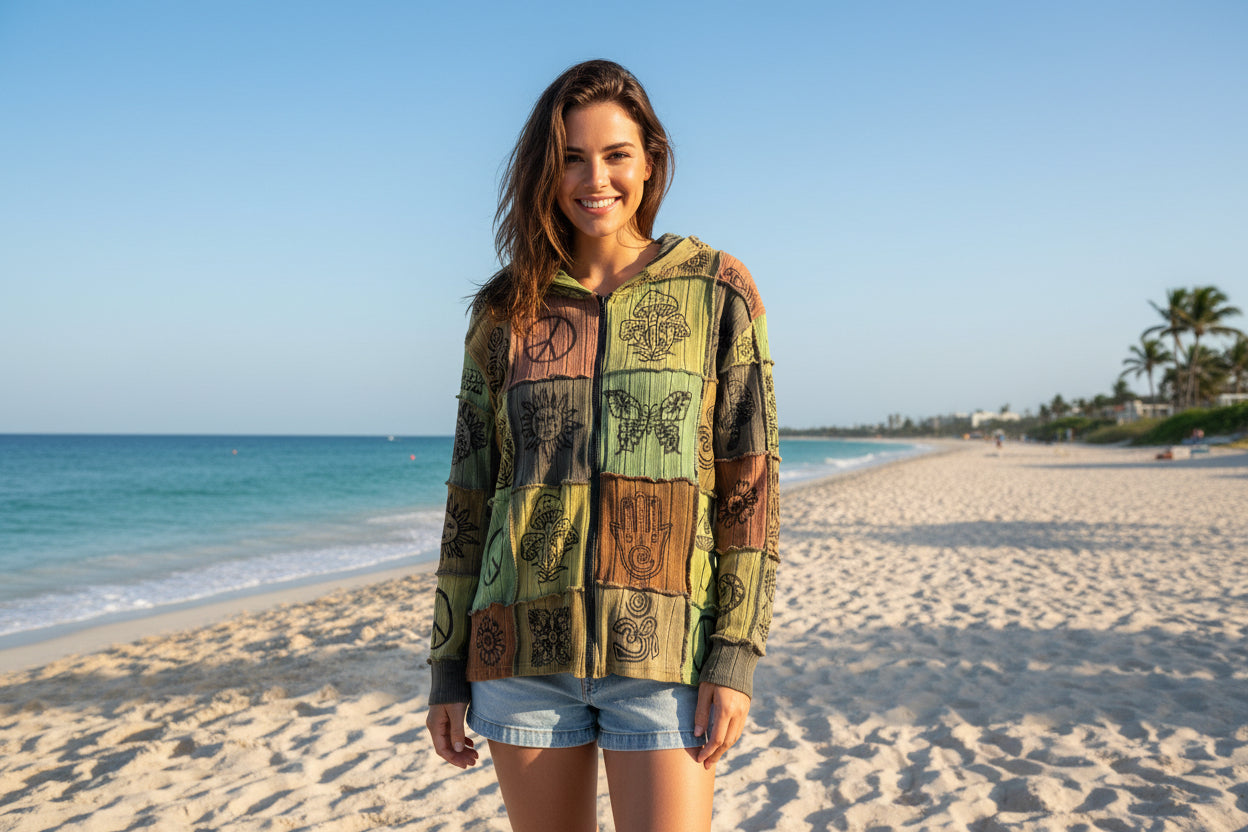 Yak & Yeti Multicolored Zip Up hoodie Jacket with Mushrooms & Peace Signs. Sizes S,M,L