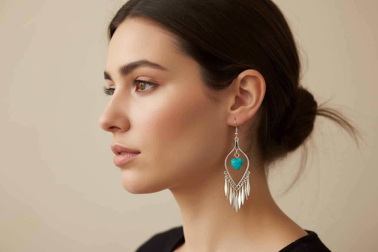 Western Silvery Earnings with Turquoise Hearts and Leaves
