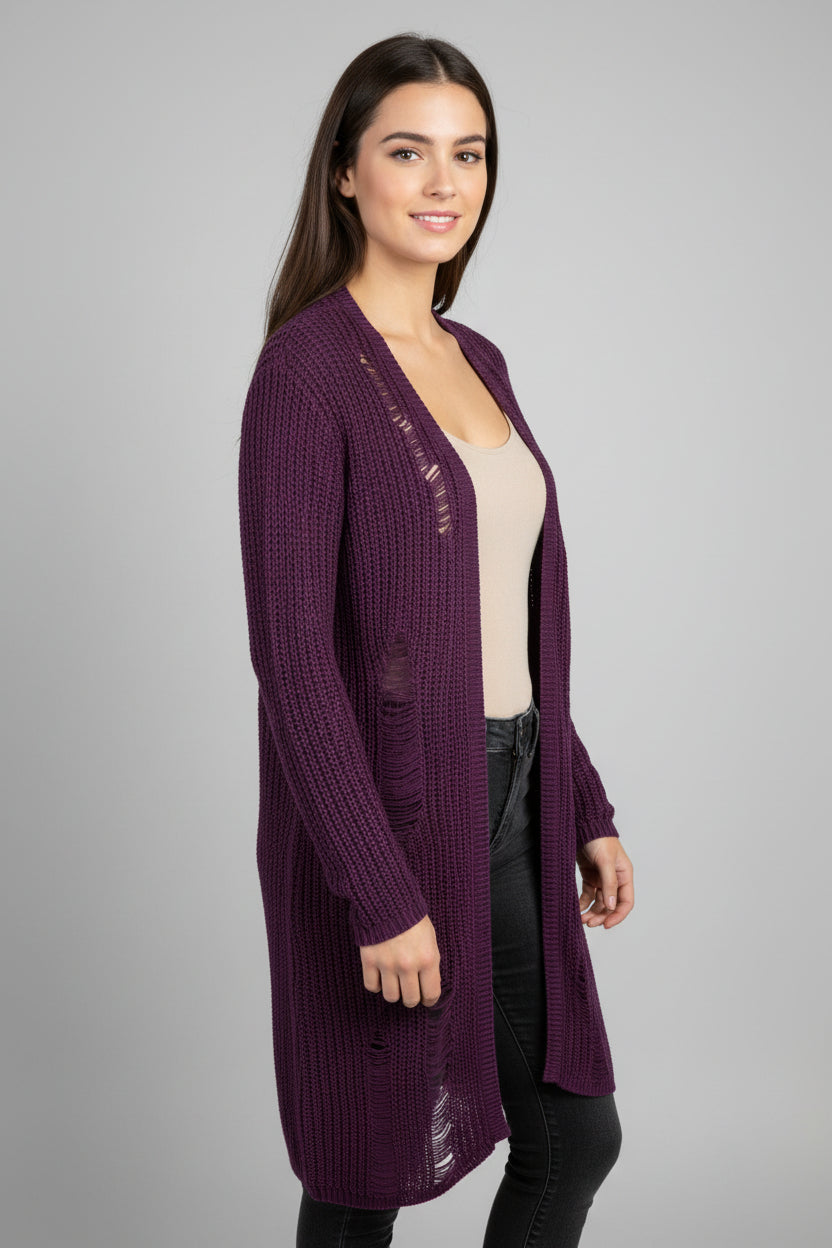 First Love Long Distressed Purple Cardigan Sweater Size Small