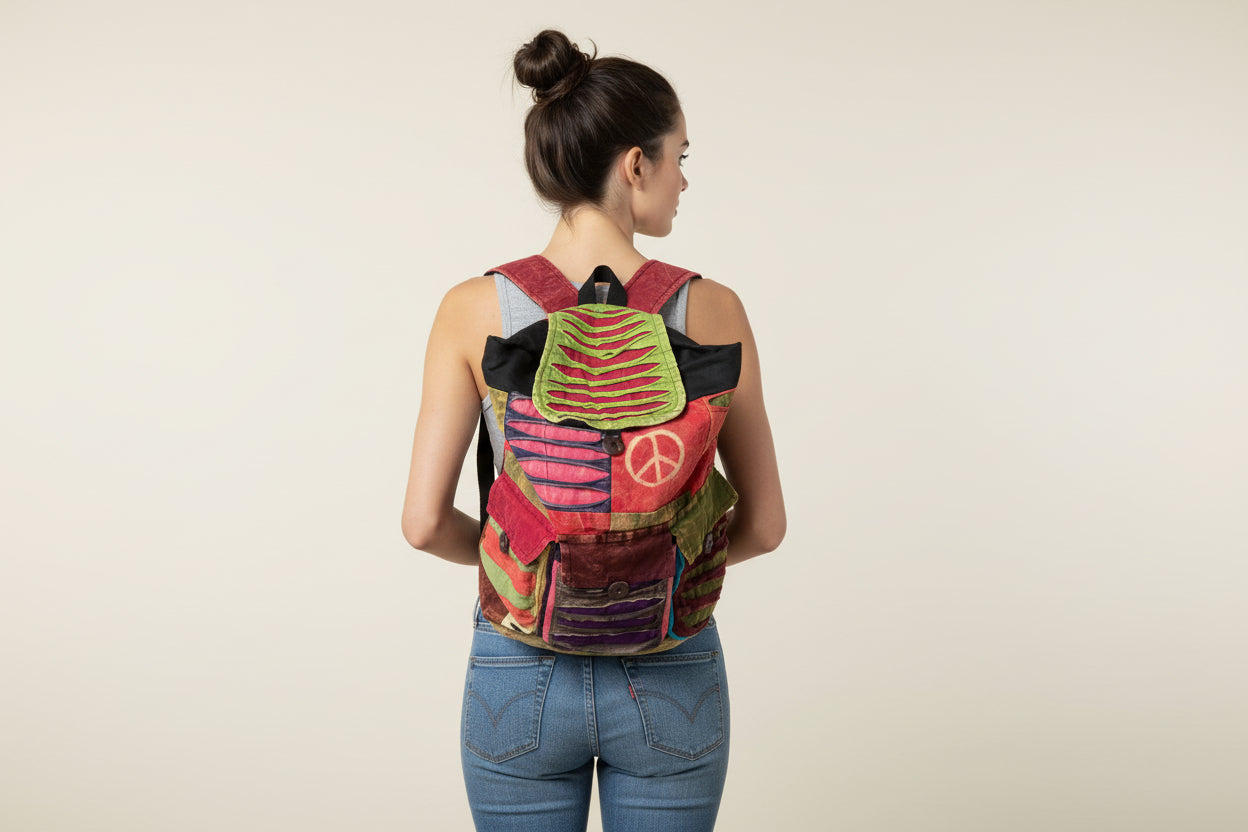 India Boutique Multicolored Backpack with Peace Sign & Pockets