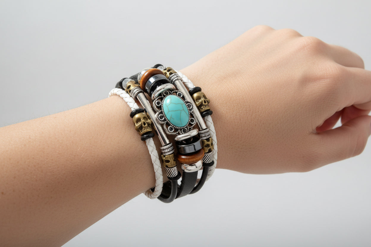 Black Leather Bracelet with Oval Shape Turquoise