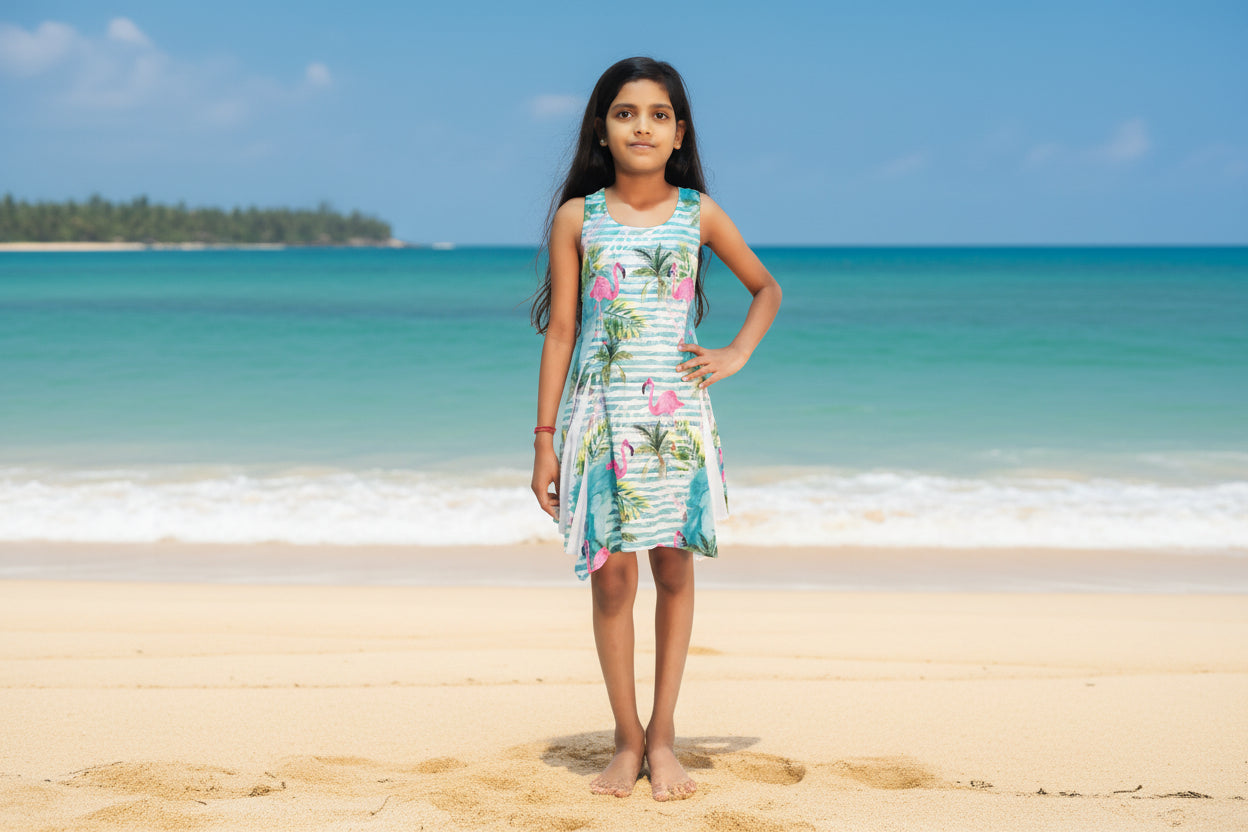 Little girls sleeveless dress with pink flamingos.sizes s,m,l