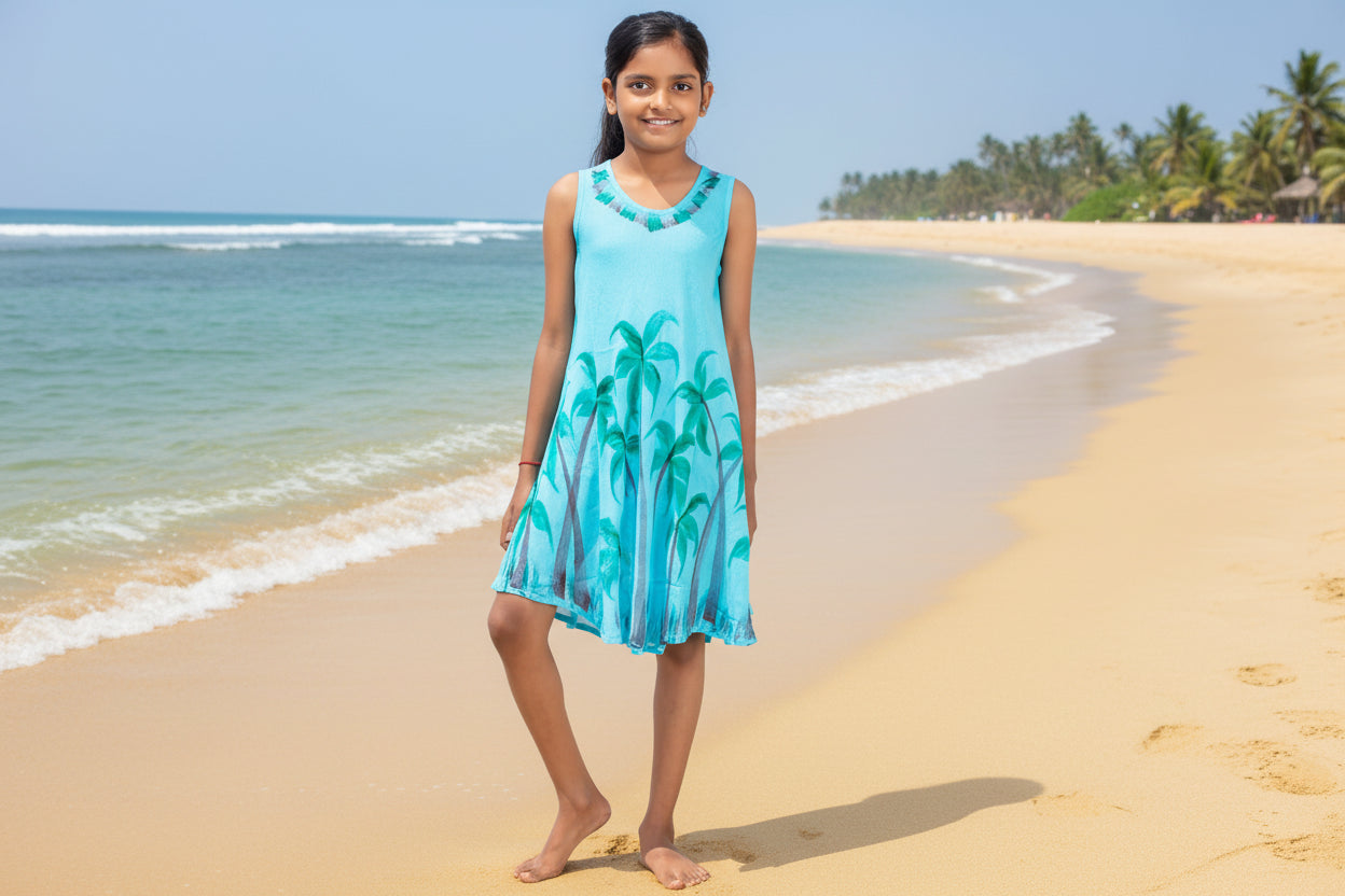 Little girls sleeveless umbrella Dress with palm trees. Sizes s,m,l