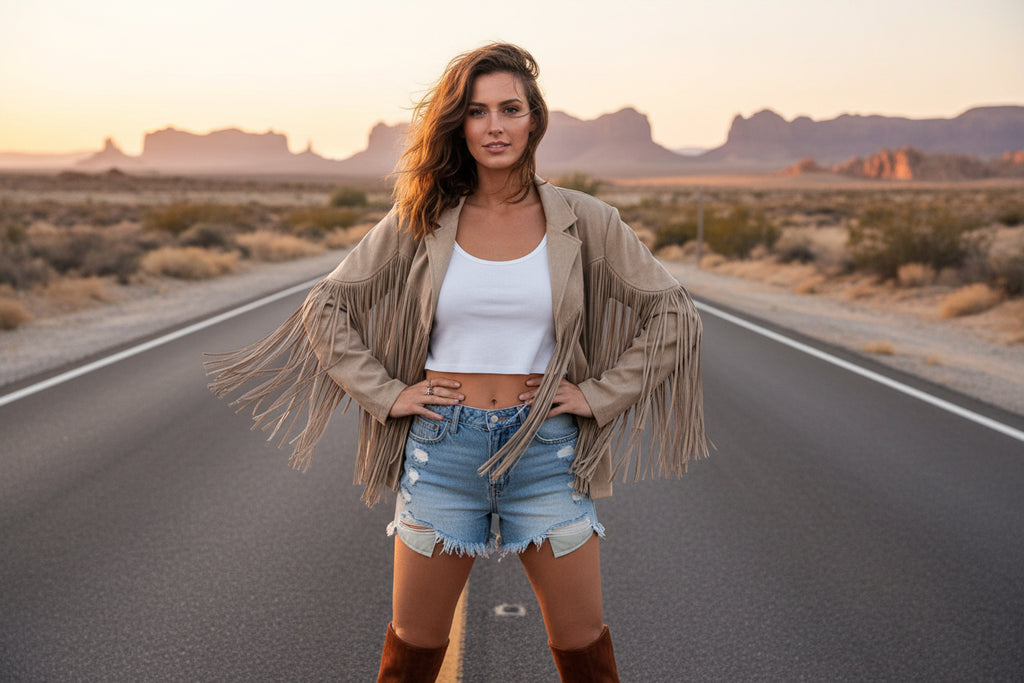 Marigold Kiss Tan Suede Jacket with Fringe and Rhinestone Boot on Back Under Fringe