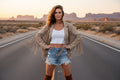 Marigold Kiss Tan Suede Jacket with Fringe and Rhinestone Boot on Back Under Fringe