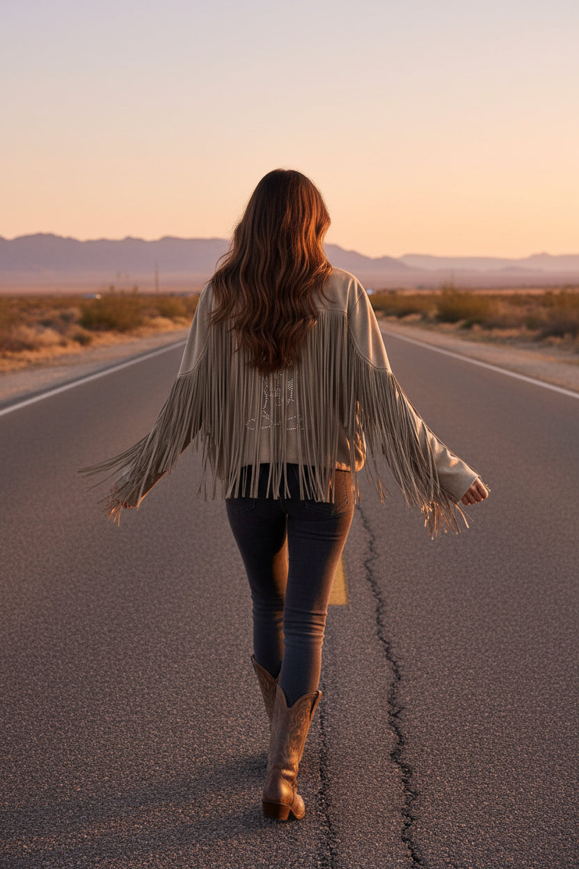 Marigold Kiss Tan Suede Jacket with Fringe and Rhinestone Boot on Back Under Fringe