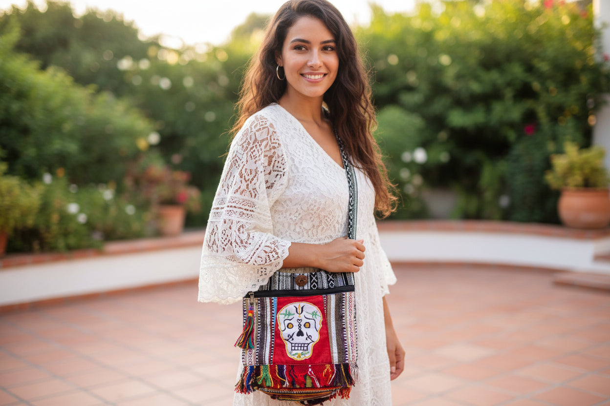 Medium skull tote bag. Button closure with several pockets and fringe on bottom