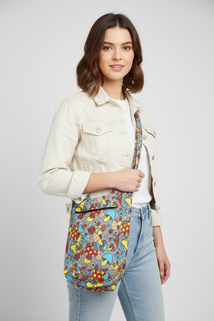 Mushroom tote bag with zipper front pocket and button closure many pockets