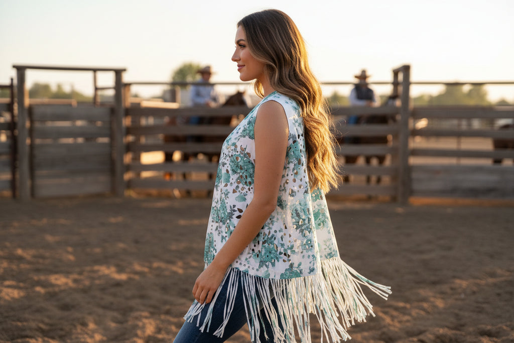 Origami Green Floral Cardigan with Fringe