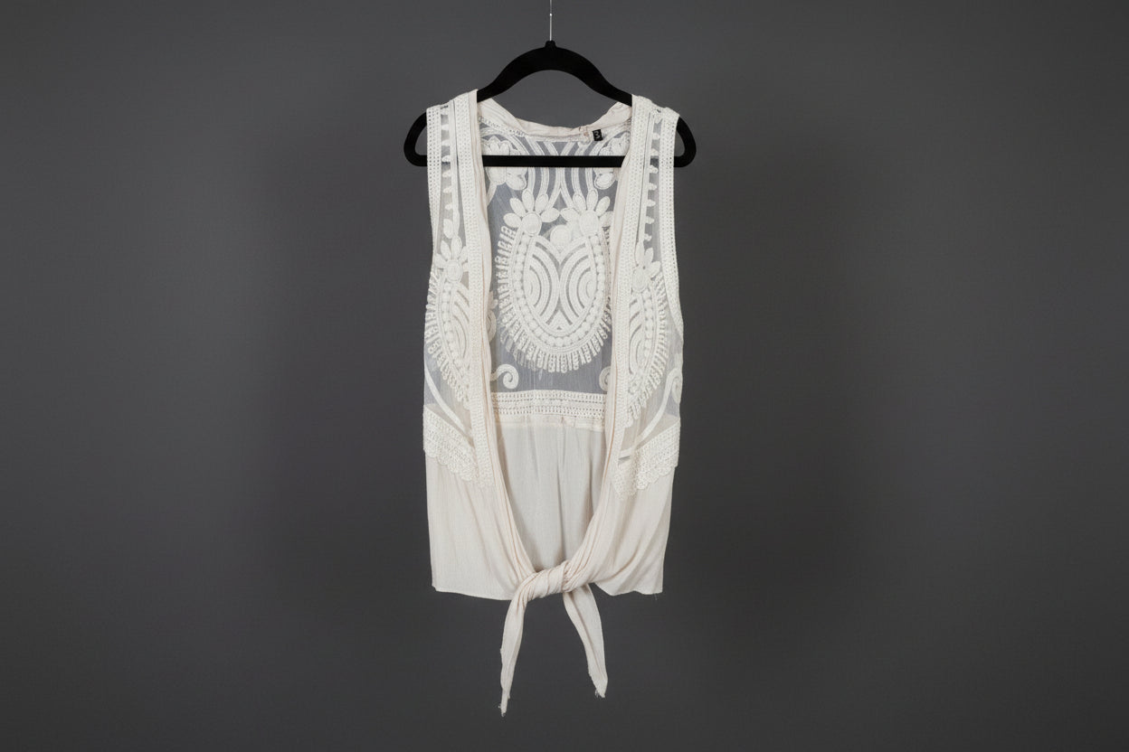 Origami Little Girls White Cardigan with Front Tie and Lace Back . Size S/M