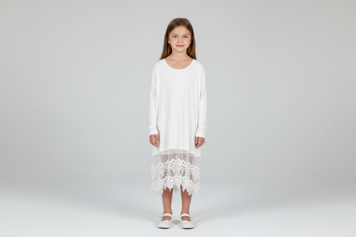 Origami Little Girls Dress Long Sleeve with Lace Hemline. Size S/M
