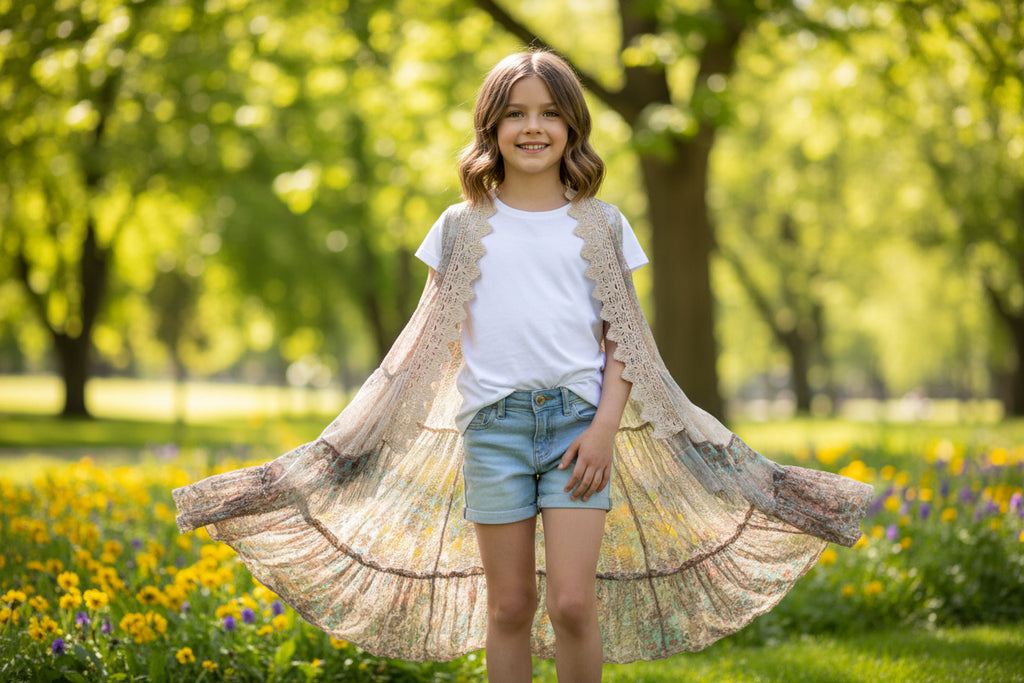 Origami Little Girls Sleeveless Geometric Multicolor Cardigan with Lace Trim. Size S/M