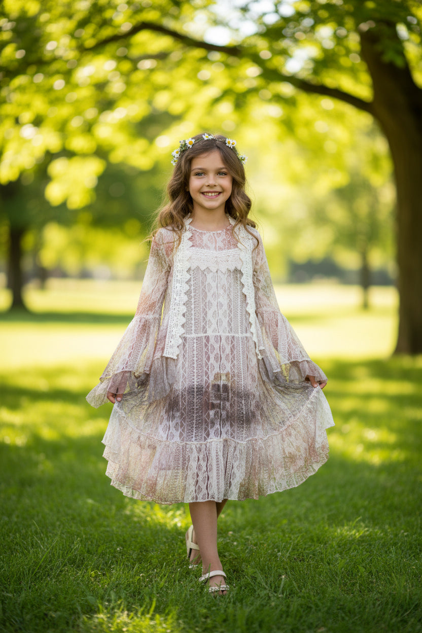 Origami Little Girls Multicolored Sleeveless Cardigan with Lace Trim. Size S/M