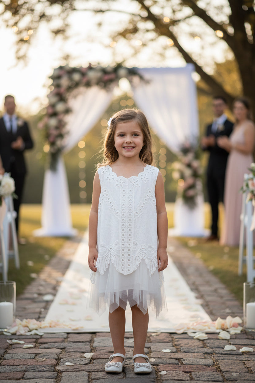 Origami Little Girls White Dress with Lace Details.Size S/M
