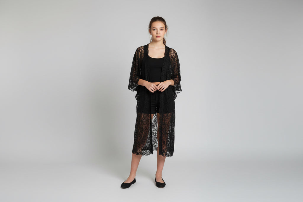 Origami Teen Girls Black Lace Cardigan with 3/4 Sleeve . Size Large