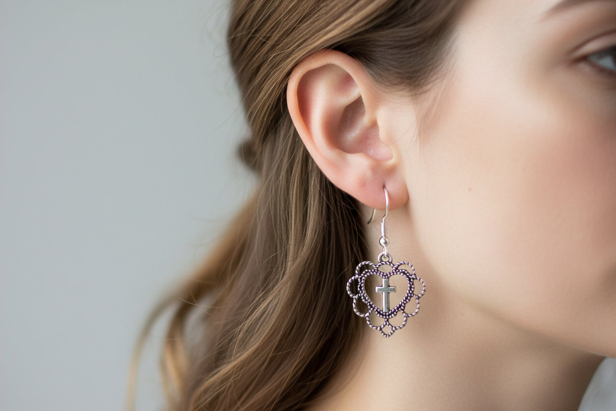 Silver Hearts Earrings with a Cross in the Center