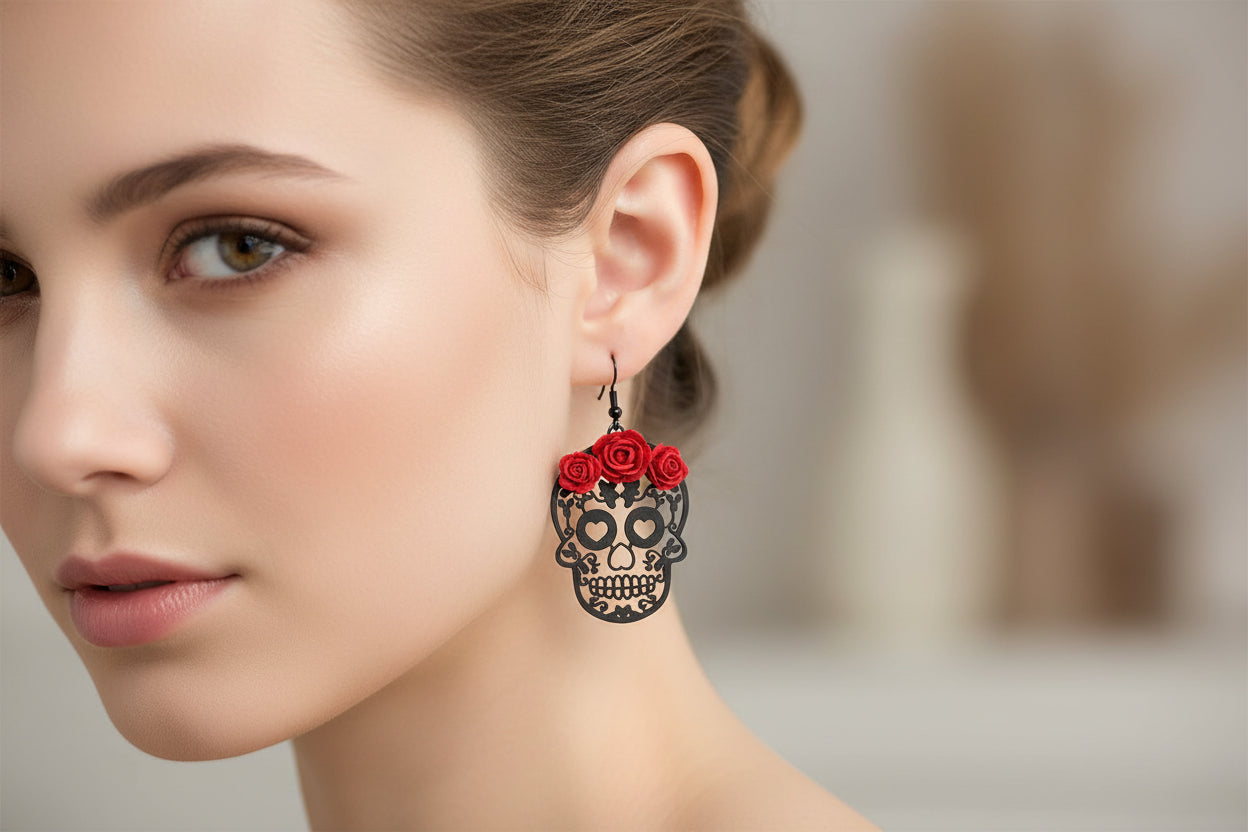 Sugar Skull Earings with Red Roses