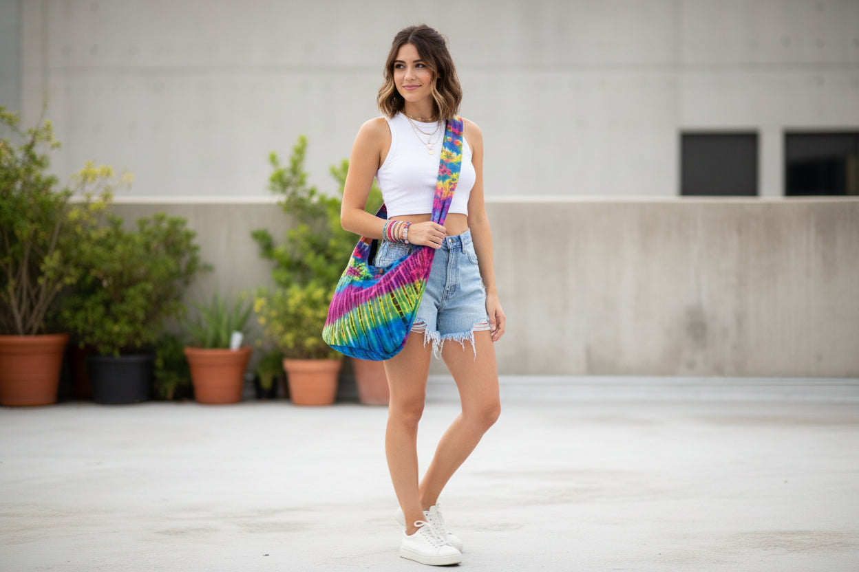 Kathmandu Large Tie Dye Tote Bag with Button Closure and Shoulder Strap.