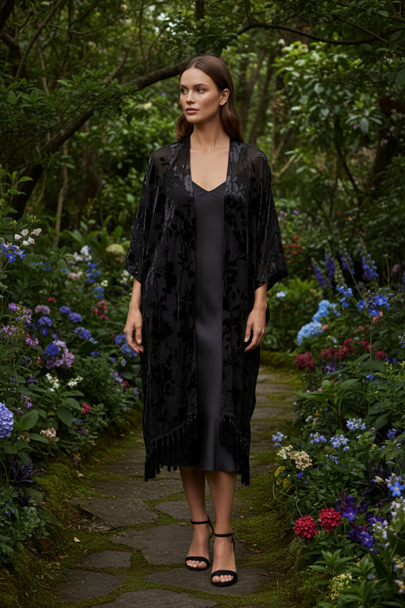 Umgee Long Black Velvet Cardigan with Fringe on Bottom. Sizes 1x,2x