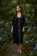 Umgee Long Black Velvet Cardigan with Fringe on Bottom. Sizes 1x,2x