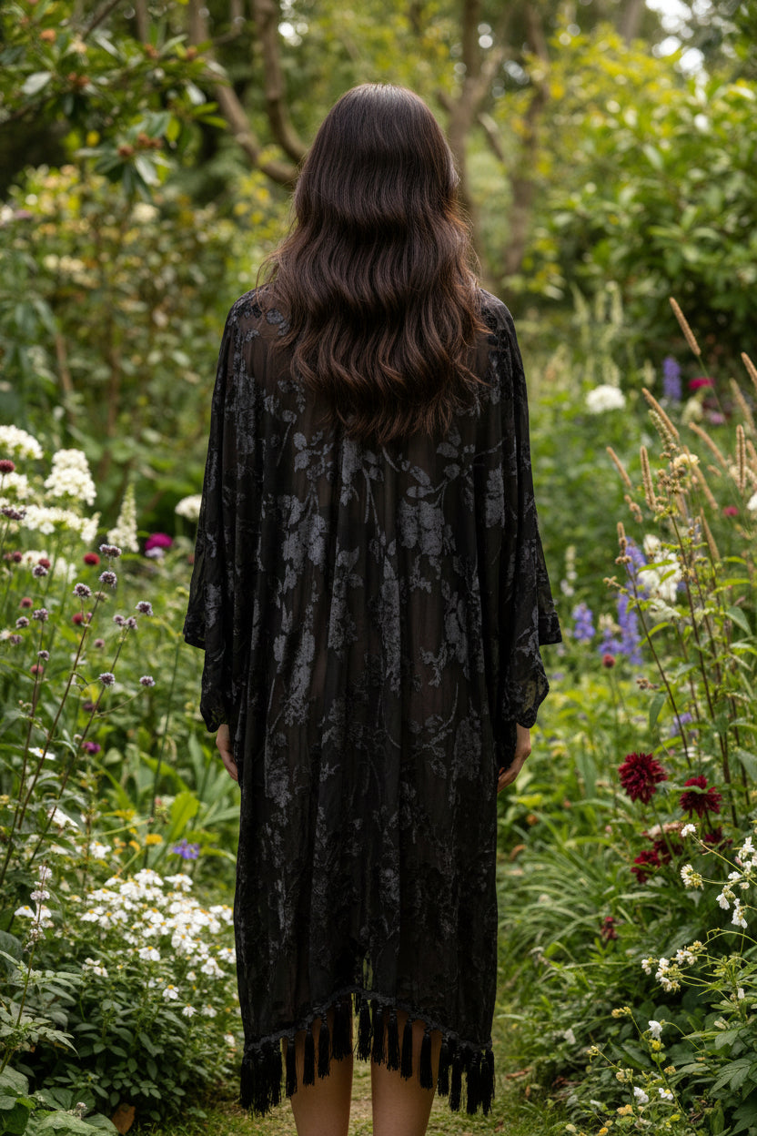 Umgee Long Black Velvet Cardigan with Fringe on Bottom. Sizes 1x,2x
