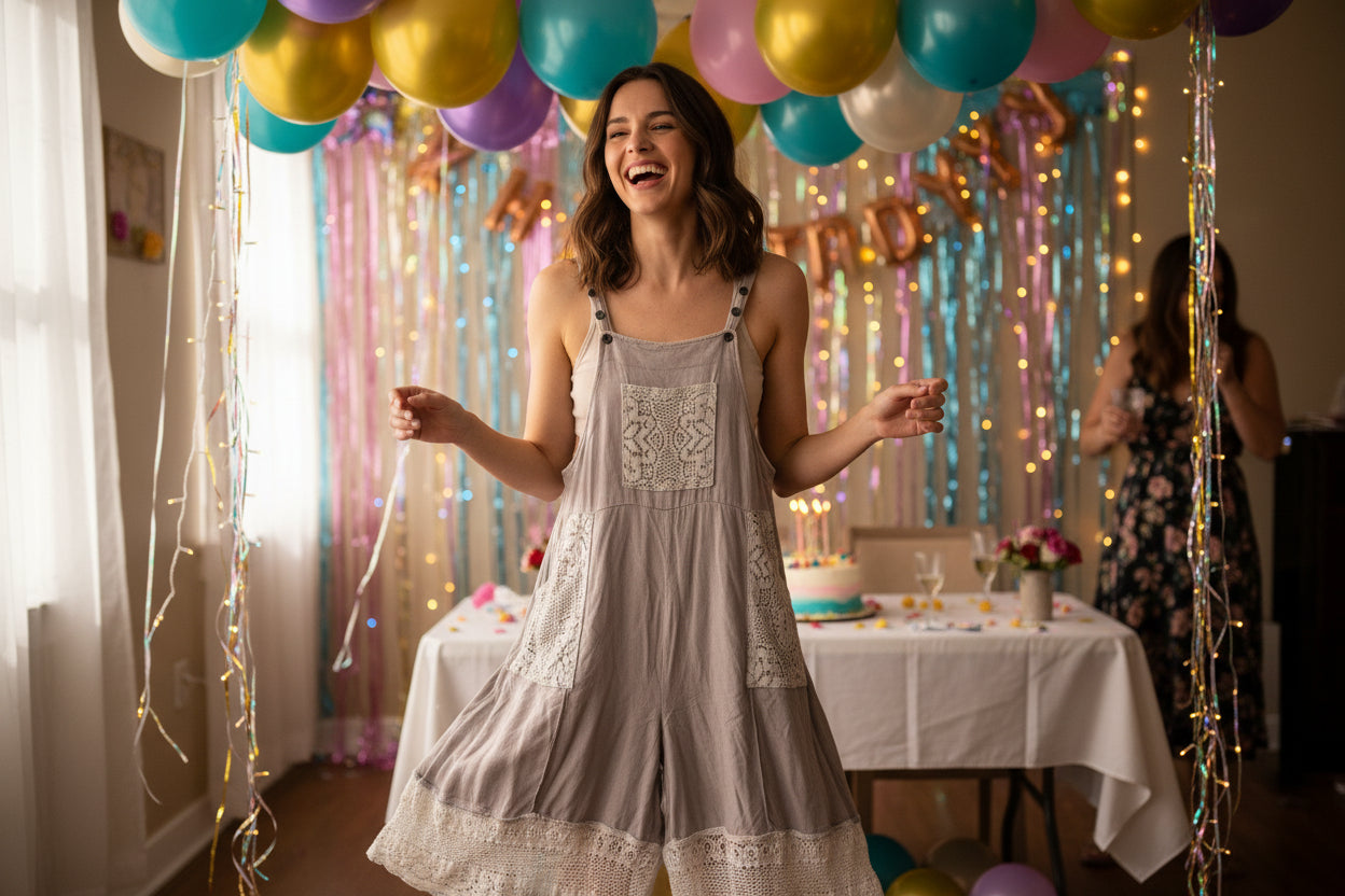 Yak & Yeti Grey Jumpsuit with Lace Pockets and Hemline