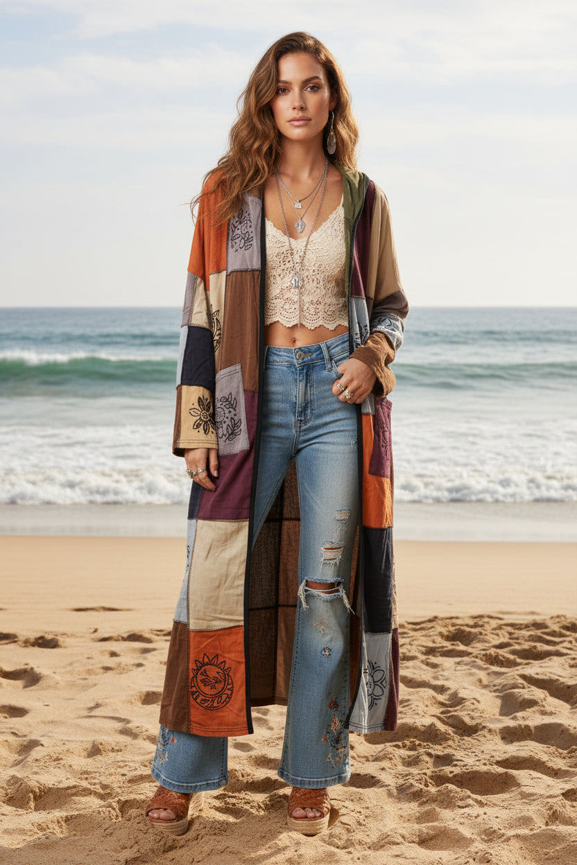 Yak & Yeti Long Lightweight Coat with Mushrooms and Other Designs. Has Hoodie and Pockets Sizes M/L,L/XL