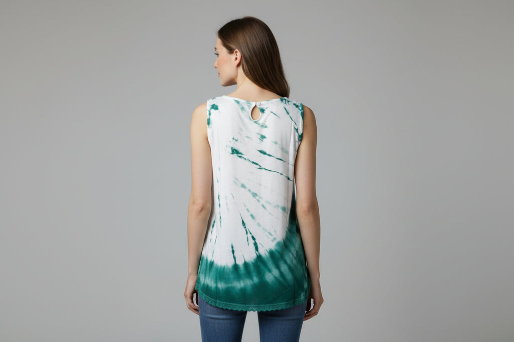 Yak & Yeti Soft Tie Dye Tank Top with Lace Hemline and Keyhole Back. Sizes S,M,L